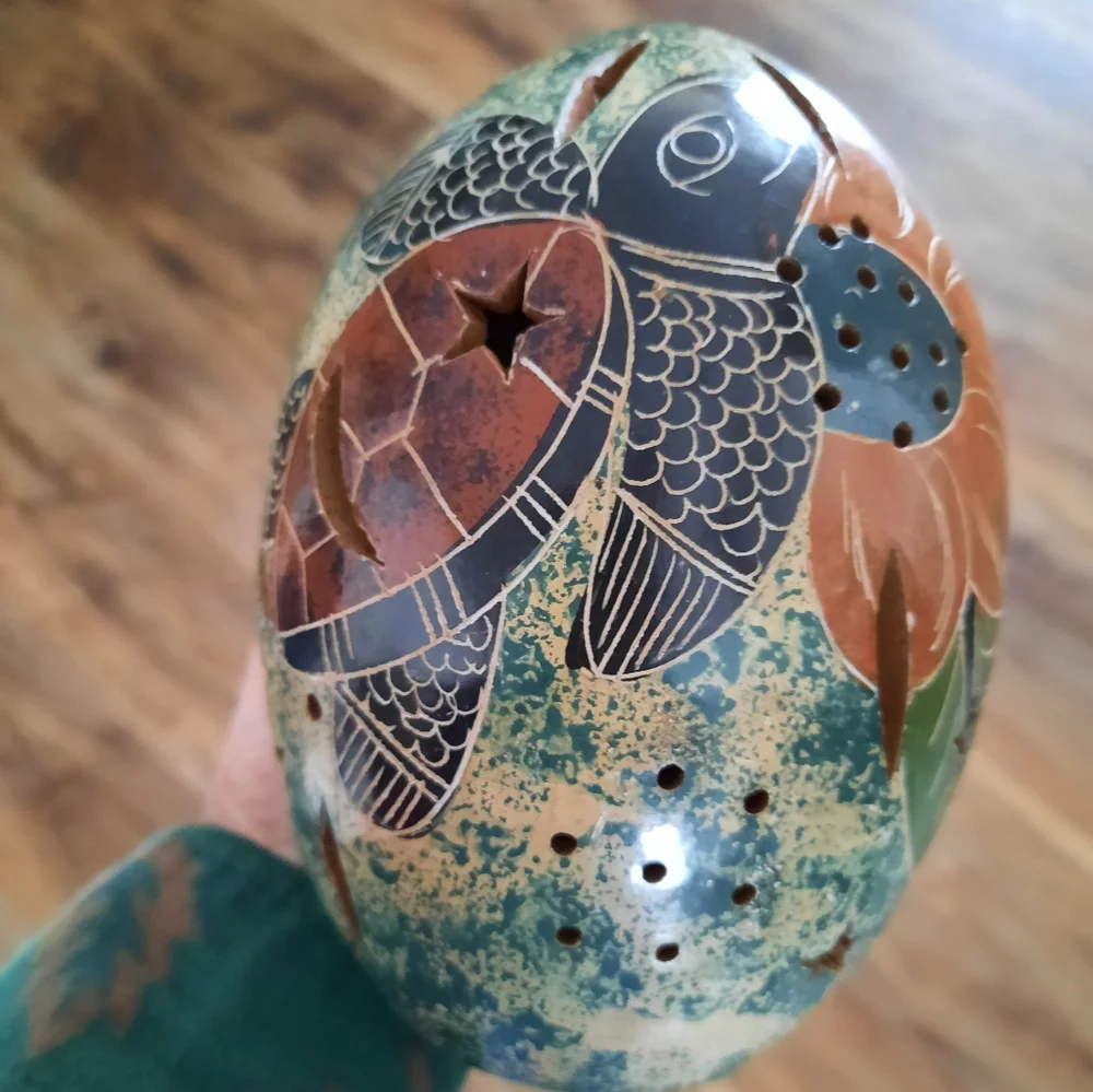 Pottery pierced candle holder turtle tribal folk art glazed terra cotta